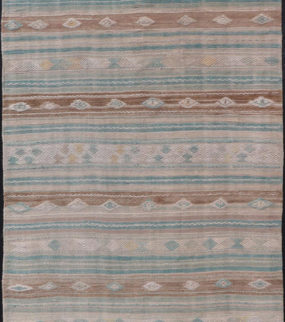 Striped Turkish Hand Woven Flat - Weave Kilim in Muted Colors and Tribal Motifs Turkish Kilim vintage carpet in light taupe, seafoam greenish color, light brown, and cream, Keivan Woven Arts / rug EN - 13956, country of origin / type: Turkey / Ki... - Keivan Woven ArtsEN - 13956 - 18848Rug