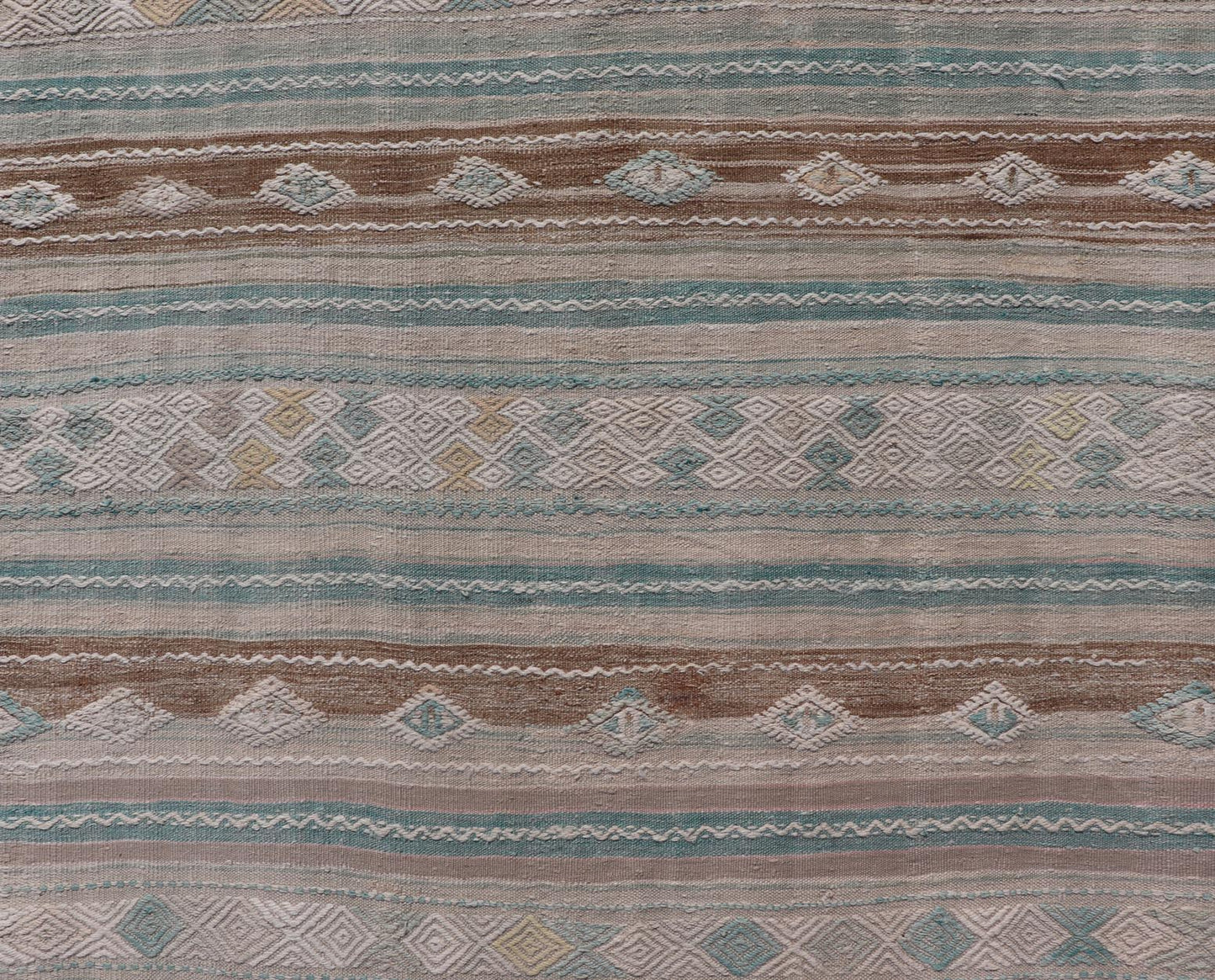 Striped Turkish Hand Woven Flat - Weave Kilim in Muted Colors and Tribal Motifs Turkish Kilim vintage carpet in light taupe, seafoam greenish color, light brown, and cream, Keivan Woven Arts / rug EN - 13956, country of origin / type: Turkey / Ki... - Keivan Woven ArtsEN - 13956 - 18848Rug