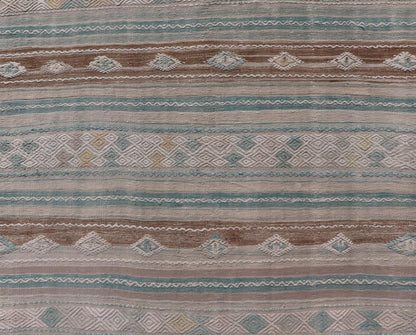 Striped Turkish Hand Woven Flat - Weave Kilim in Muted Colors and Tribal Motifs Turkish Kilim vintage carpet in light taupe, seafoam greenish color, light brown, and cream, Keivan Woven Arts / rug EN - 13956, country of origin / type: Turkey / Ki... - Keivan Woven ArtsEN - 13956 - 18848Rug