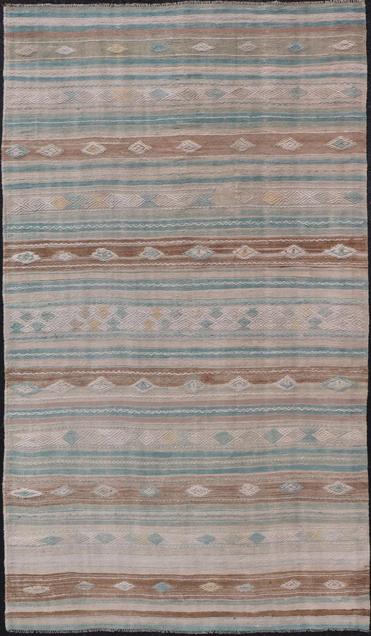 Striped Turkish Hand Woven Flat - Weave Kilim in Muted Colors and Tribal Motifs Turkish Kilim vintage carpet in light taupe, seafoam greenish color, light brown, and cream, Keivan Woven Arts / rug EN - 13956, country of origin / type: Turkey / Ki... - Keivan Woven ArtsEN - 13956 - 18848