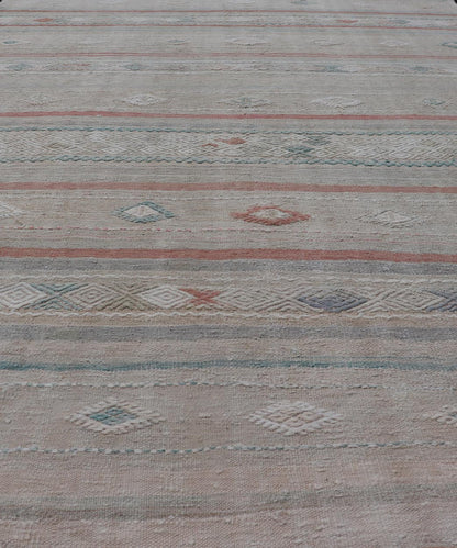 Turkish Flat - Weave Embroideries Kilim in Taupe, Green, Teal, Cream, and Brown Vintage flat - weave Kilim with embroideries with a modern design in tan, brown, green and cream. geometric stripe design Vintage Kilim from Turkey, Keivan Woven Art... - Keivan Woven ArtsEN - 13957 - 18854Rug