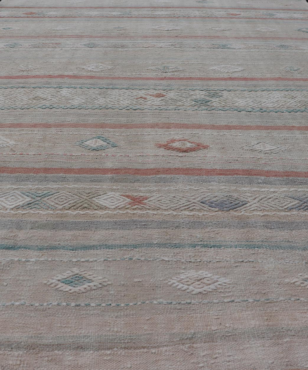 Turkish Flat - Weave Embroideries Kilim in Taupe, Green, Teal, Cream, and Brown Vintage flat - weave Kilim with embroideries with a modern design in tan, brown, green and cream. geometric stripe design Vintage Kilim from Turkey, Keivan Woven Art... - Keivan Woven ArtsEN - 13957 - 18854