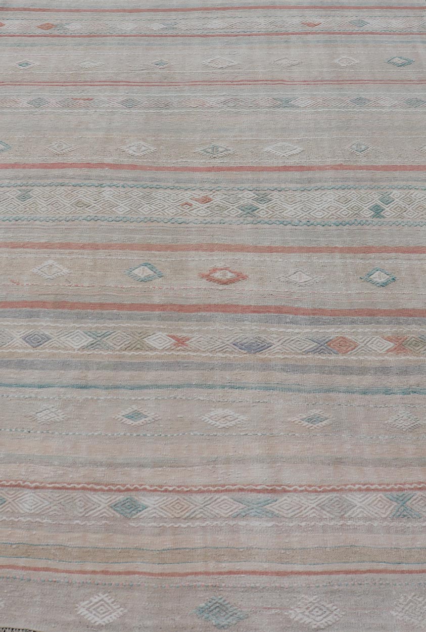 Turkish Flat - Weave Embroideries Kilim in Taupe, Green, Teal, Cream, and Brown Vintage flat - weave Kilim with embroideries with a modern design in tan, brown, green and cream. geometric stripe design Vintage Kilim from Turkey, Keivan Woven Art... - Keivan Woven ArtsEN - 13957 - 18854Rug