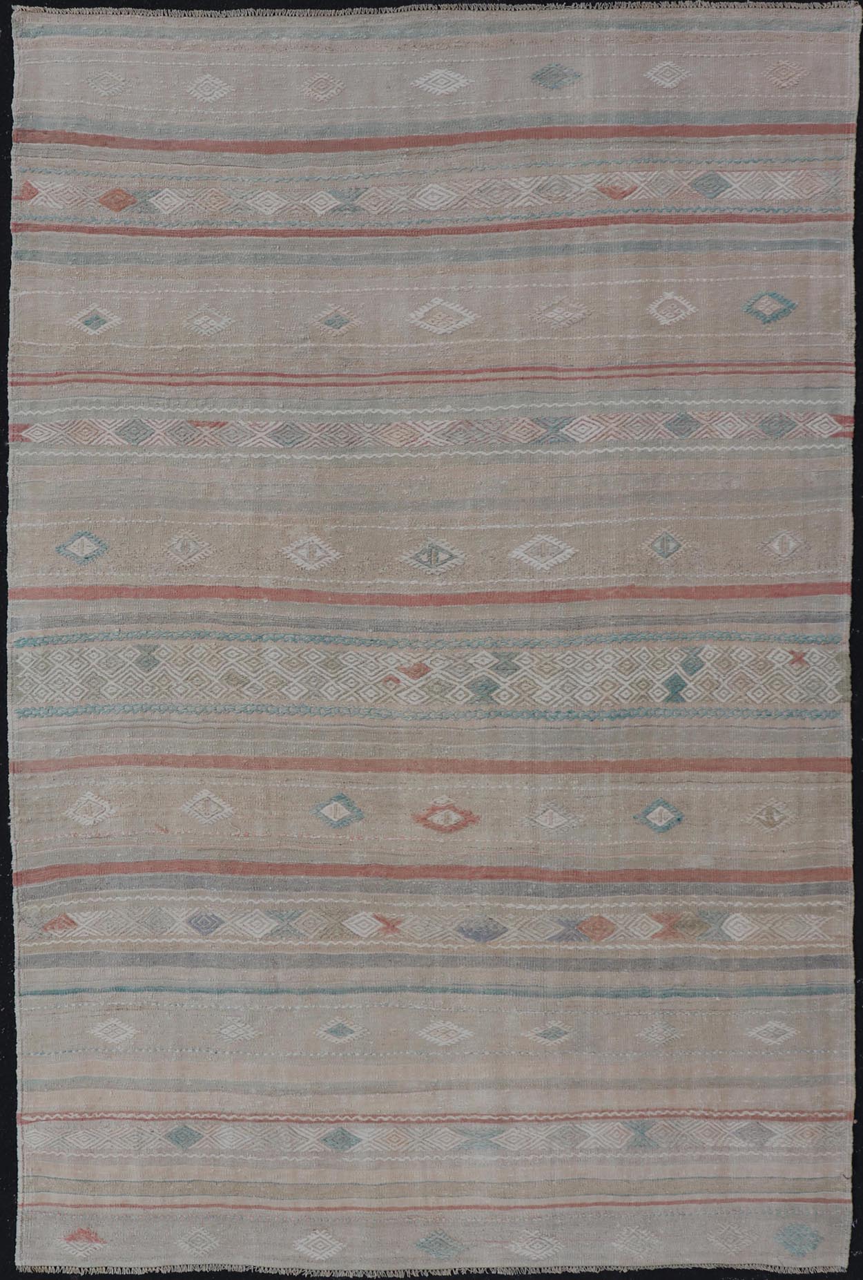 Turkish Flat - Weave Embroideries Kilim in Taupe, Green, Teal, Cream, and Brown Vintage flat - weave Kilim with embroideries with a modern design in tan, brown, green and cream. geometric stripe design Vintage Kilim from Turkey, Keivan Woven Art... - Keivan Woven ArtsEN - 13957 - 18854