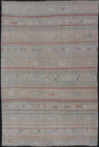 Turkish Flat - Weave Embroideries Kilim in Taupe, Green, Teal, Cream, and Brown Vintage flat - weave Kilim with embroideries with a modern design in tan, brown, green and cream. geometric stripe design Vintage Kilim from Turkey, Keivan Woven Art... - Keivan Woven ArtsEN - 13957 - 18854