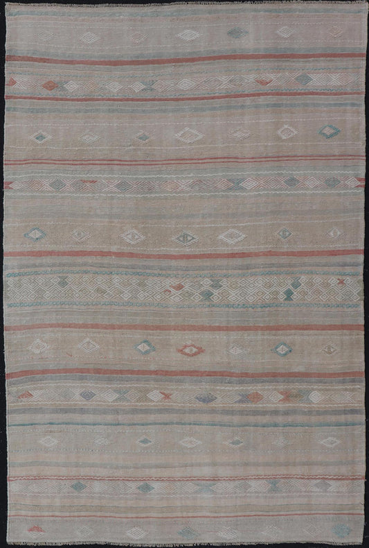 Turkish Flat - Weave Embroideries Kilim in Taupe, Green, Teal, Cream, and Brown Vintage flat - weave Kilim with embroideries with a modern design in tan, brown, green and cream. geometric stripe design Vintage Kilim from Turkey, Keivan Woven Art... - Keivan Woven ArtsEN - 13957 - 18854