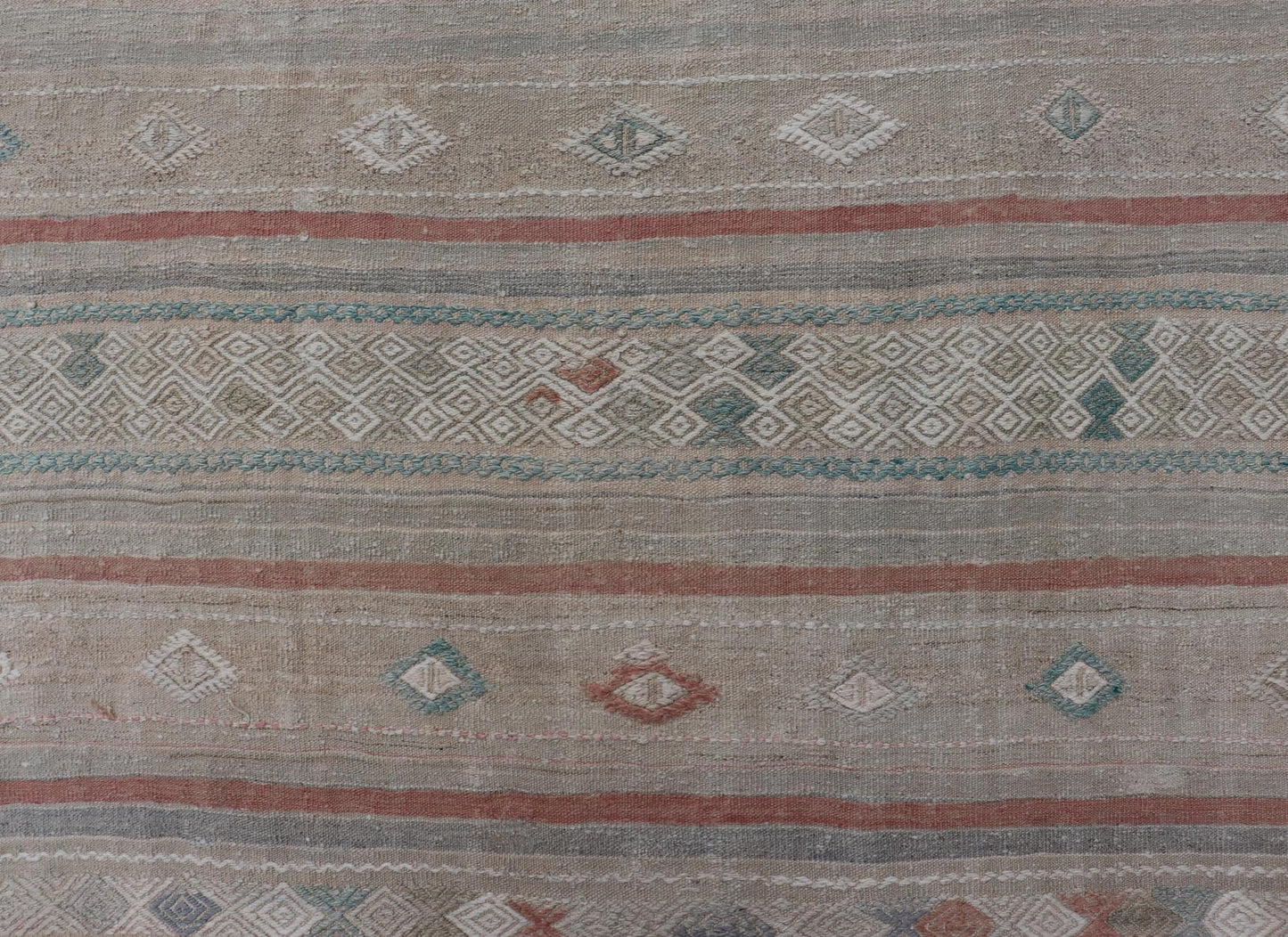 Turkish Flat - Weave Embroideries Kilim in Taupe, Green, Teal, Cream, and Brown Vintage flat - weave Kilim with embroideries with a modern design in tan, brown, green and cream. geometric stripe design Vintage Kilim from Turkey, Keivan Woven Art... - Keivan Woven ArtsEN - 13957 - 18854