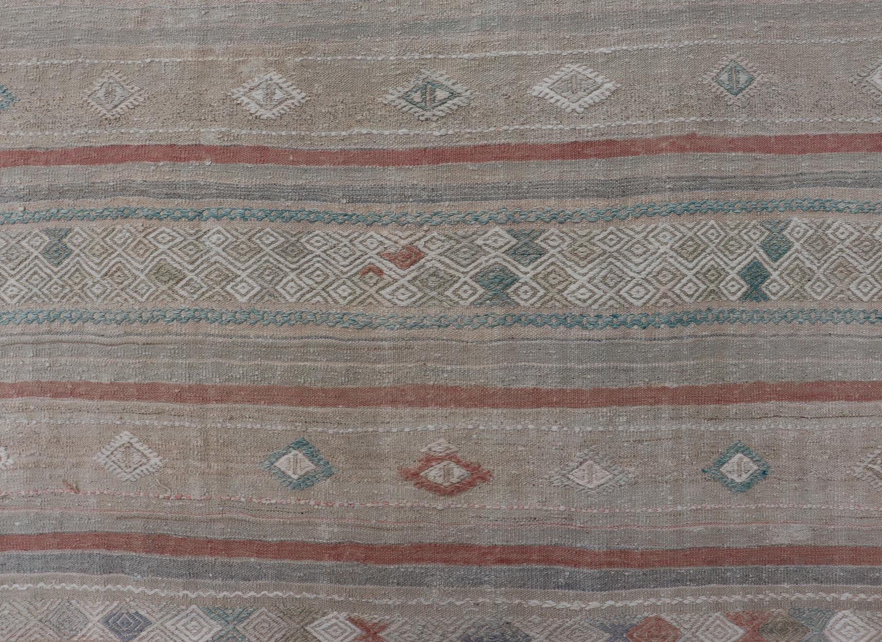 Turkish Flat - Weave Embroideries Kilim in Taupe, Green, Teal, Cream, and Brown Vintage flat - weave Kilim with embroideries with a modern design in tan, brown, green and cream. geometric stripe design Vintage Kilim from Turkey, Keivan Woven Art... - Keivan Woven ArtsEN - 13957 - 18854