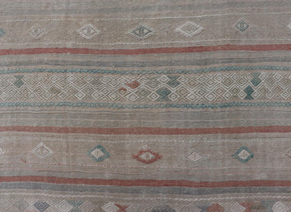 Turkish Flat - Weave Embroideries Kilim in Taupe, Green, Teal, Cream, and Brown Vintage flat - weave Kilim with embroideries with a modern design in tan, brown, green and cream. geometric stripe design Vintage Kilim from Turkey, Keivan Woven Art... - Keivan Woven ArtsEN - 13957 - 18854