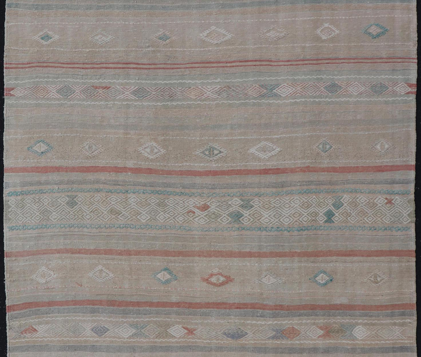 Turkish Flat - Weave Embroideries Kilim in Taupe, Green, Teal, Cream, and Brown Vintage flat - weave Kilim with embroideries with a modern design in tan, brown, green and cream. geometric stripe design Vintage Kilim from Turkey, Keivan Woven Art... - Keivan Woven ArtsEN - 13957 - 18854