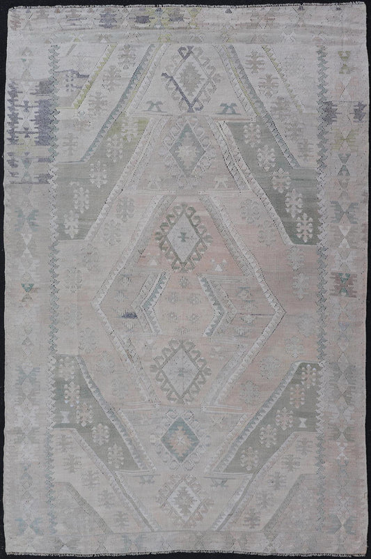 Vintage Hand - Woven Turkish Kilim in Wool with Medallion Sub - Geometric Design This flat - weave tribal Turkish kilim has been hand - woven in wool. The rug features an all - over sub - geometric medallion design, rendered in greens, blues and neutra... - Keivan Woven ArtsEN - 13963 - 19496