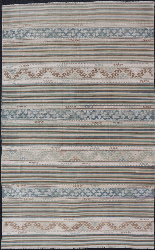 Measures: 5'7 x 9'9 Turkish Flat - Weave Kilim with Stripes and Embroideries In Blue, Green, and Cream. Keivan Woven Arts / rug EN - 13966, country of origin / type: Turkey / Kilim, circa 1950 This vintage Turkish Kilim rug features a contempora... - Keivan Woven ArtsEN - 13966 - 22704