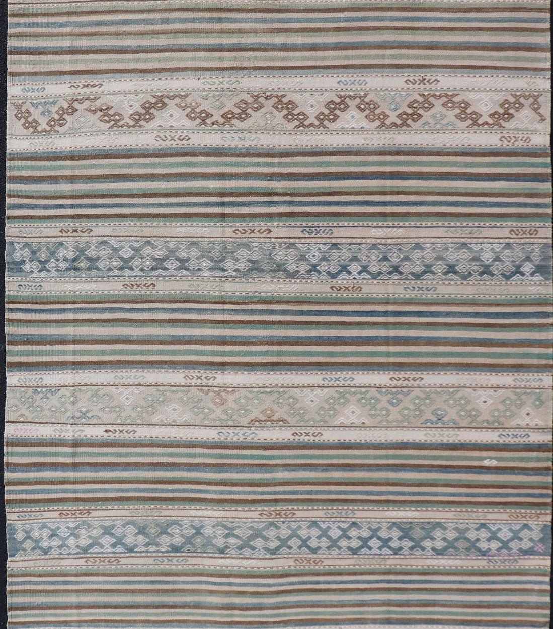 Measures: 5'7 x 9'9 Turkish Flat - Weave Kilim with Stripes and Embroideries In Blue, Green, and Cream. Keivan Woven Arts / rug EN - 13966, country of origin / type: Turkey / Kilim, circa 1950 This vintage Turkish Kilim rug features a contempora... - Keivan Woven ArtsEN - 13966 - 22704Rug