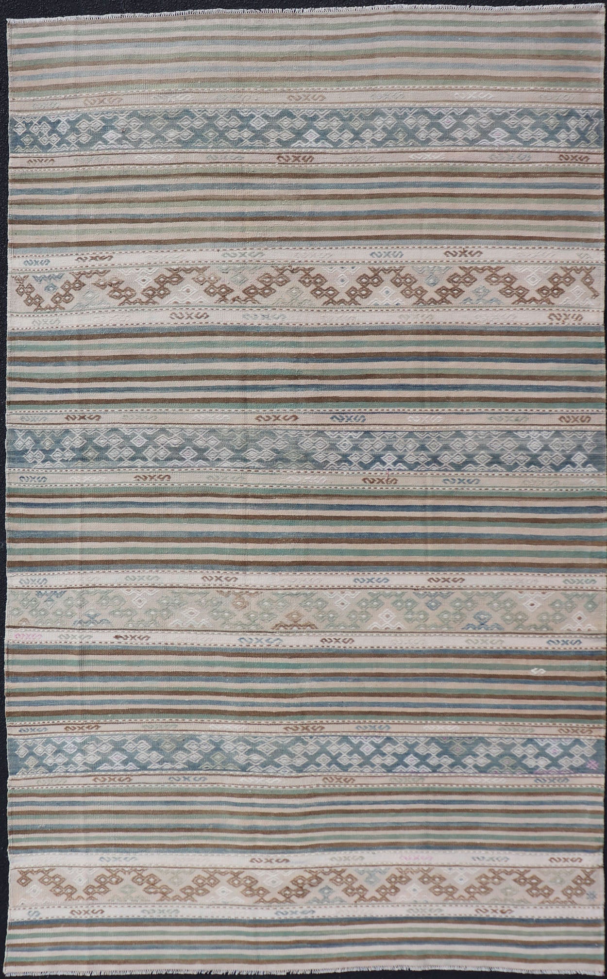 Measures: 5'7 x 9'9 Turkish Flat - Weave Kilim with Stripes and Embroideries In Blue, Green, and Cream. Keivan Woven Arts / rug EN - 13966, country of origin / type: Turkey / Kilim, circa 1950 This vintage Turkish Kilim rug features a contempora... - Keivan Woven ArtsEN - 13966 - 22704Rug