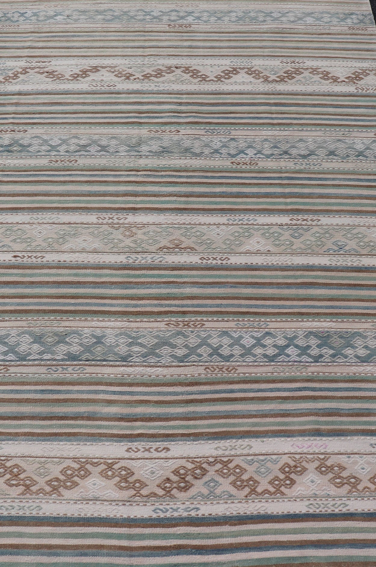 Measures: 5'7 x 9'9 Turkish Flat - Weave Kilim with Stripes and Embroideries In Blue, Green, and Cream. Keivan Woven Arts / rug EN - 13966, country of origin / type: Turkey / Kilim, circa 1950 This vintage Turkish Kilim rug features a contempora... - Keivan Woven ArtsEN - 13966 - 22704Rug
