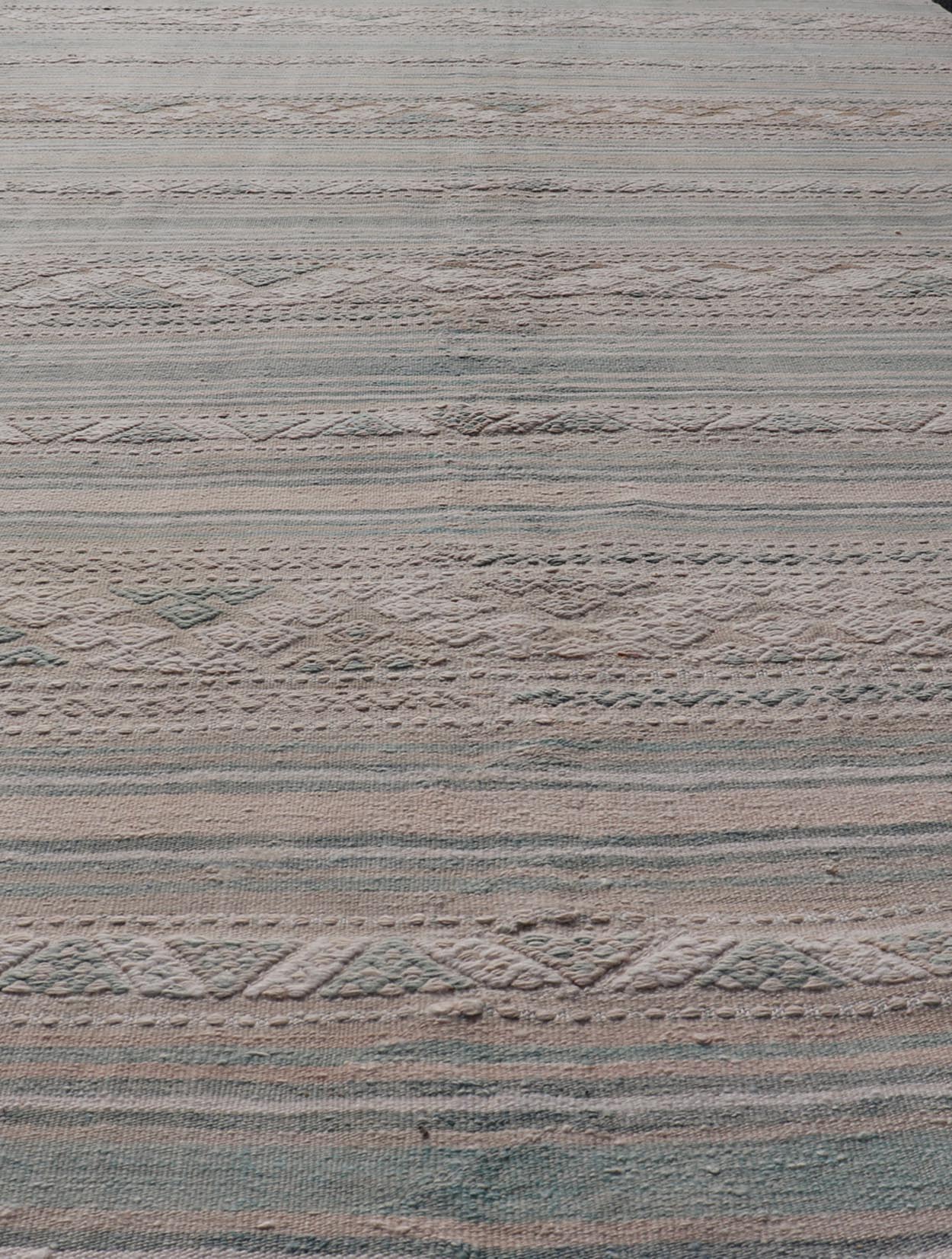 Turkish Gallery Flat - Weave Kilim in Muted Colors with Stripes and Embroideries large gallery Turkish Kilim vintage carpet in light taupe, light green, cream, and tan Keivan Woven Arts / rug EN - 13968, country of origin / type: Turkey / Kilim, ... - Keivan Woven ArtsEN - 13968 - 18866Rug