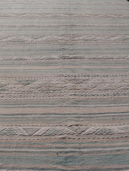 Turkish Gallery Flat - Weave Kilim in Muted Colors with Stripes and Embroideries large gallery Turkish Kilim vintage carpet in light taupe, light green, cream, and tan Keivan Woven Arts / rug EN - 13968, country of origin / type: Turkey / Kilim, ... - Keivan Woven ArtsEN - 13968 - 18866Rug