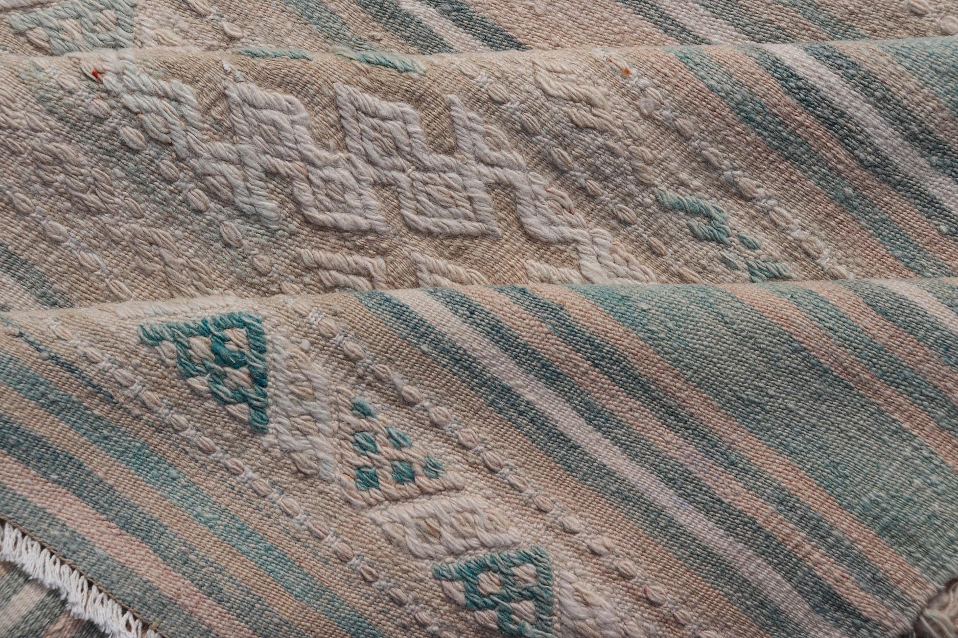 Turkish Gallery Flat - Weave Kilim in Muted Colors with Stripes and Embroideries large gallery Turkish Kilim vintage carpet in light taupe, light green, cream, and tan Keivan Woven Arts / rug EN - 13968, country of origin / type: Turkey / Kilim, ... - Keivan Woven ArtsEN - 13968 - 18866Rug