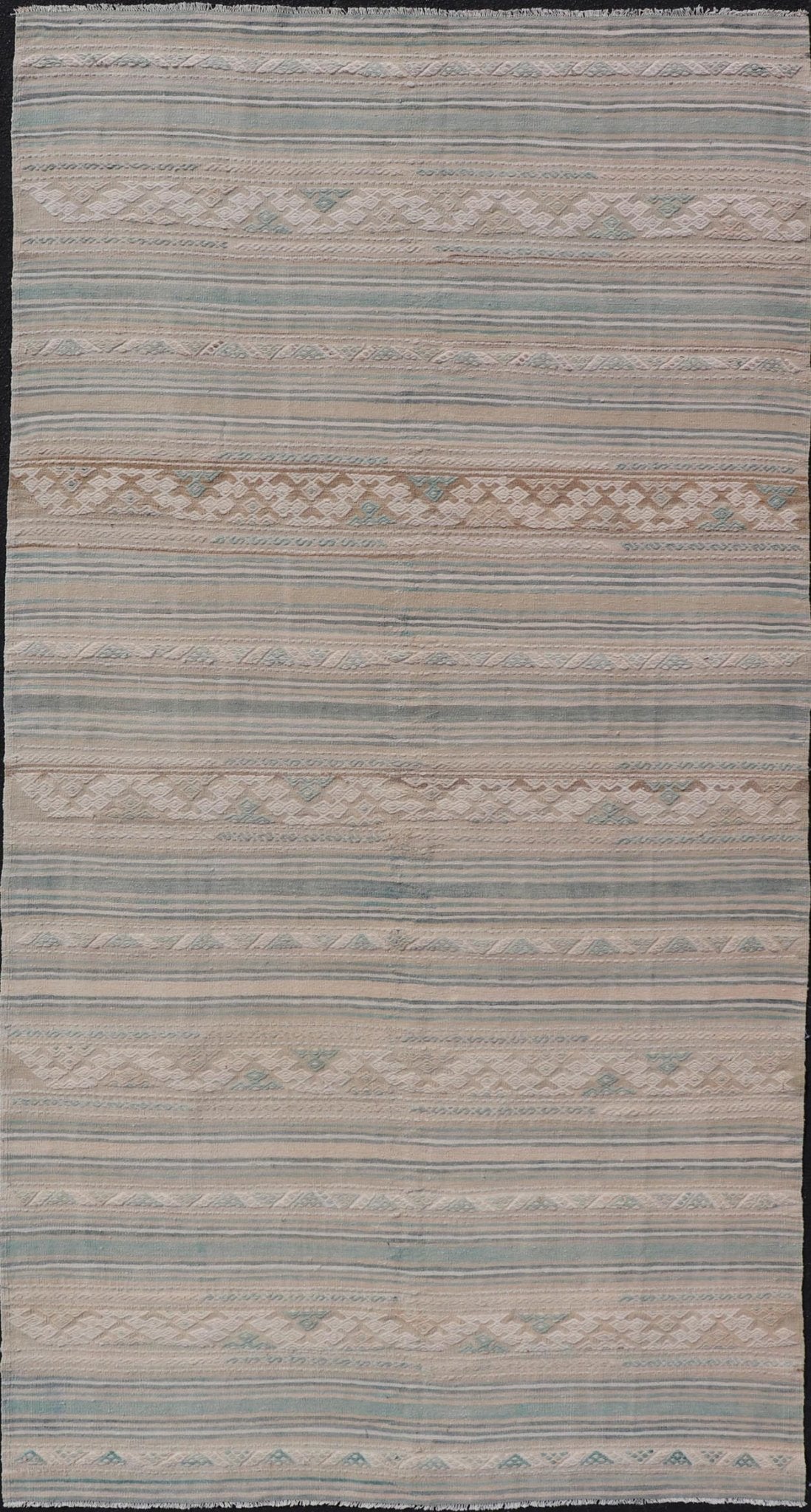 Turkish Gallery Flat - Weave Kilim in Muted Colors with Stripes and Embroideries large gallery Turkish Kilim vintage carpet in light taupe, light green, cream, and tan Keivan Woven Arts / rug EN - 13968, country of origin / type: Turkey / Kilim, ... - Keivan Woven ArtsEN - 13968 - 18866Rug