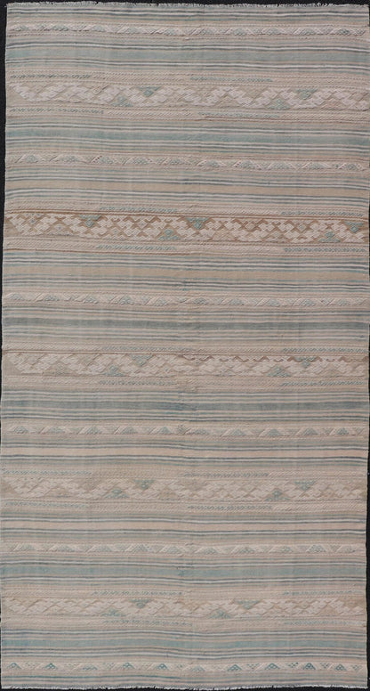 Turkish Gallery Flat - Weave Kilim in Muted Colors with Stripes and Embroideries large gallery Turkish Kilim vintage carpet in light taupe, light green, cream, and tan Keivan Woven Arts / rug EN - 13968, country of origin / type: Turkey / Kilim, ... - Keivan Woven ArtsEN - 13968 - 18866Rug