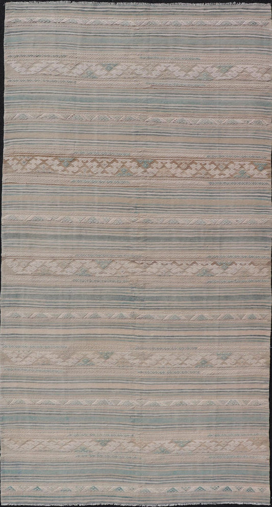 Turkish Gallery Flat - Weave Kilim in Muted Colors with Stripes and Embroideries large gallery Turkish Kilim vintage carpet in light taupe, light green, cream, and tan Keivan Woven Arts / rug EN - 13968, country of origin / type: Turkey / Kilim, ... - Keivan Woven ArtsEN - 13968 - 18866