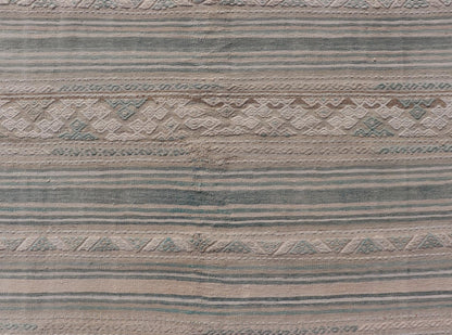 Turkish Gallery Flat - Weave Kilim in Muted Colors with Stripes and Embroideries large gallery Turkish Kilim vintage carpet in light taupe, light green, cream, and tan Keivan Woven Arts / rug EN - 13968, country of origin / type: Turkey / Kilim, ... - Keivan Woven ArtsEN - 13968 - 18866Rug