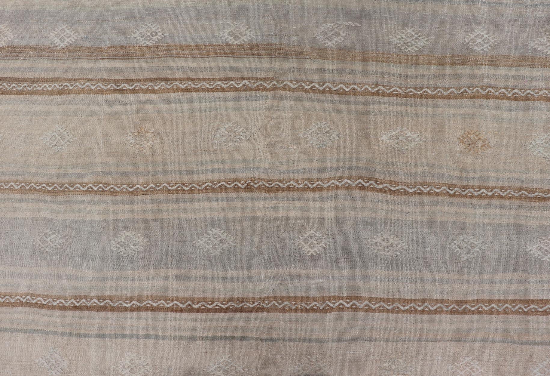 Turkish Flat - Weave Embroideries Kilim in Tan, Taupe, Brown and A Soft Blue Vintage flat - weave Kilim with embroideries with a modern design in tan, brown, and blue geometric stripe design Vintage Kilim from Turkey, Keivan Woven Arts / rug EN - 1... - Keivan Woven ArtsEN - 13979 - 19118Rug