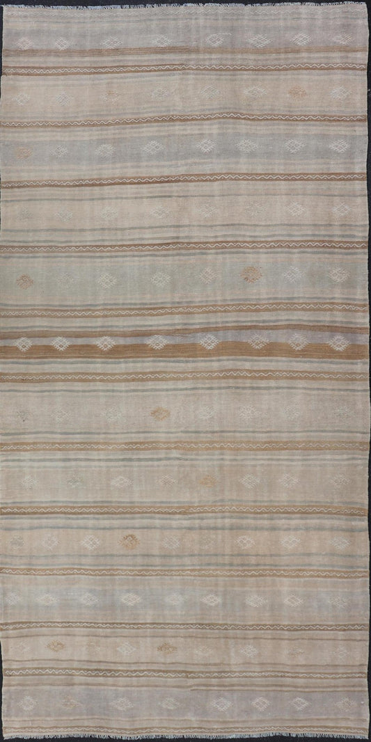 Turkish Flat - Weave Embroideries Kilim in Tan, Taupe, Brown and A Soft Blue Vintage flat - weave Kilim with embroideries with a modern design in tan, brown, and blue geometric stripe design Vintage Kilim from Turkey, Keivan Woven Arts / rug EN - 1... - Keivan Woven ArtsEN - 13979 - 19118