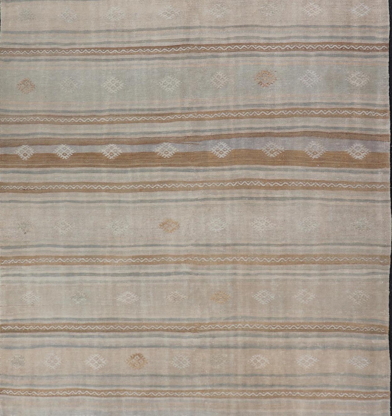 Turkish Flat - Weave Embroideries Kilim in Tan, Taupe, Brown and A Soft Blue Vintage flat - weave Kilim with embroideries with a modern design in tan, brown, and blue geometric stripe design Vintage Kilim from Turkey, Keivan Woven Arts / rug EN - 1... - Keivan Woven ArtsEN - 13979 - 19118