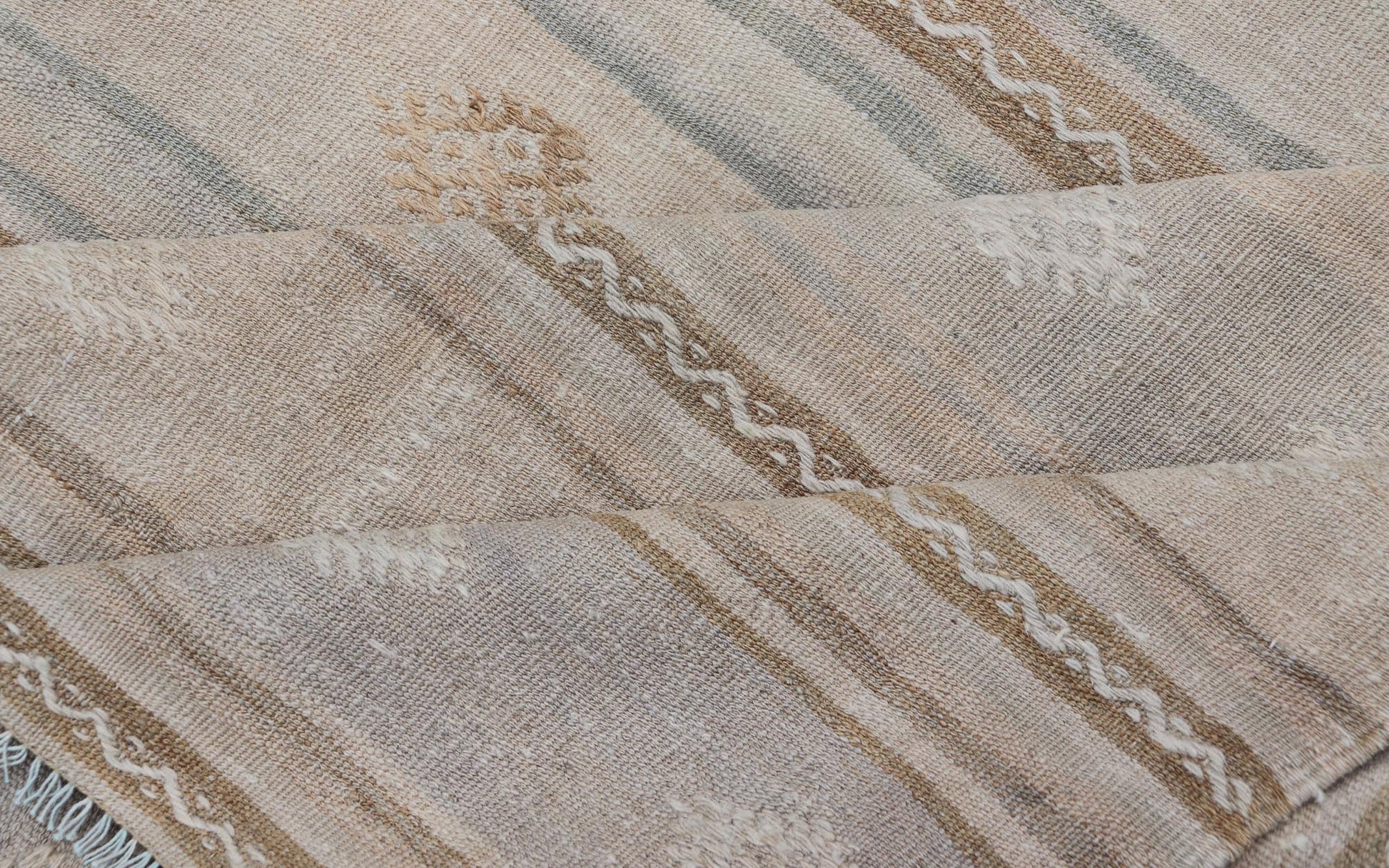 Turkish Flat - Weave Embroideries Kilim in Tan, Taupe, Brown and A Soft Blue Vintage flat - weave Kilim with embroideries with a modern design in tan, brown, and blue geometric stripe design Vintage Kilim from Turkey, Keivan Woven Arts / rug EN - 1... - Keivan Woven ArtsEN - 13979 - 19118