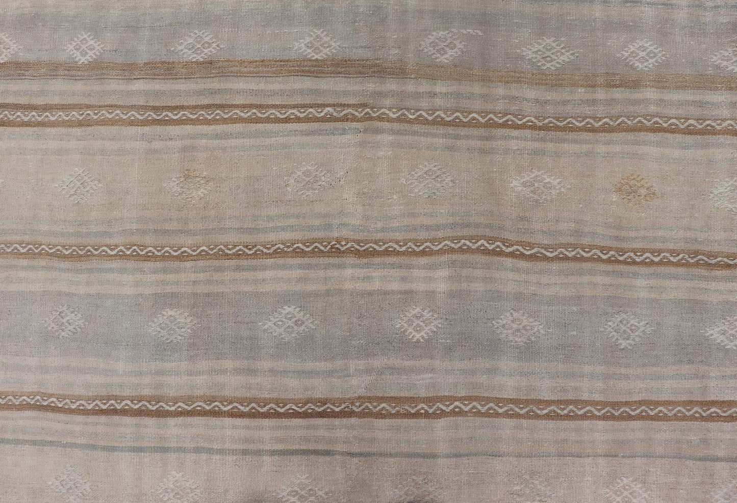 Turkish Flat - Weave Embroideries Kilim in Tan, Taupe, Brown and A Soft Blue Vintage flat - weave Kilim with embroideries with a modern design in tan, brown, and blue geometric stripe design Vintage Kilim from Turkey, Keivan Woven Arts / rug EN - 1... - Keivan Woven ArtsEN - 13979 - 19118