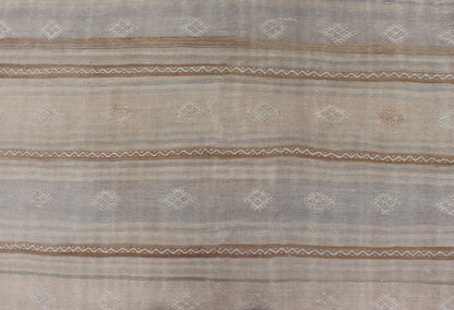 Turkish Flat - Weave Embroideries Kilim in Tan, Taupe, Brown and A Soft Blue Vintage flat - weave Kilim with embroideries with a modern design in tan, brown, and blue geometric stripe design Vintage Kilim from Turkey, Keivan Woven Arts / rug EN - 1... - Keivan Woven ArtsEN - 13979 - 19118