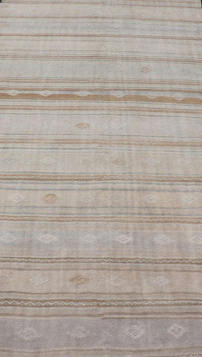 Turkish Flat - Weave Embroideries Kilim in Tan, Taupe, Brown and A Soft Blue Vintage flat - weave Kilim with embroideries with a modern design in tan, brown, and blue geometric stripe design Vintage Kilim from Turkey, Keivan Woven Arts / rug EN - 1... - Keivan Woven ArtsEN - 13979 - 19118Rug