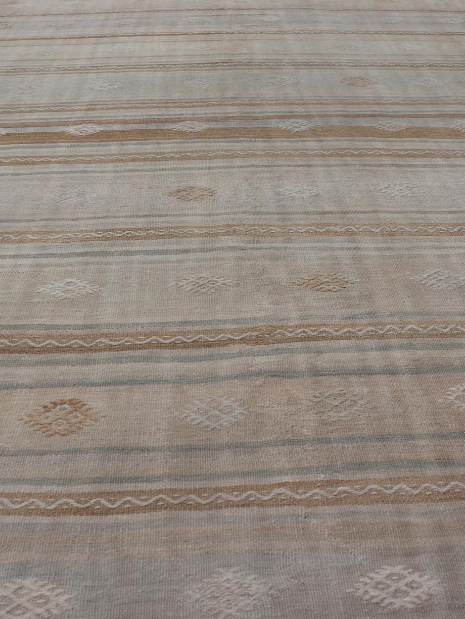 Turkish Flat - Weave Embroideries Kilim in Tan, Taupe, Brown and A Soft Blue Vintage flat - weave Kilim with embroideries with a modern design in tan, brown, and blue geometric stripe design Vintage Kilim from Turkey, Keivan Woven Arts / rug EN - 1... - Keivan Woven ArtsEN - 13979 - 19118