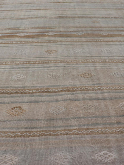 Turkish Flat - Weave Embroideries Kilim in Tan, Taupe, Brown and A Soft Blue Vintage flat - weave Kilim with embroideries with a modern design in tan, brown, and blue geometric stripe design Vintage Kilim from Turkey, Keivan Woven Arts / rug EN - 1... - Keivan Woven ArtsEN - 13979 - 19118