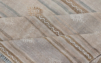 Turkish Flat - Weave Embroideries Kilim in Tan, Taupe, Brown and A Soft Blue Vintage flat - weave Kilim with embroideries with a modern design in tan, brown, and blue geometric stripe design Vintage Kilim from Turkey, Keivan Woven Arts / rug EN - 1... - Keivan Woven ArtsEN - 13979 - 19118Rug