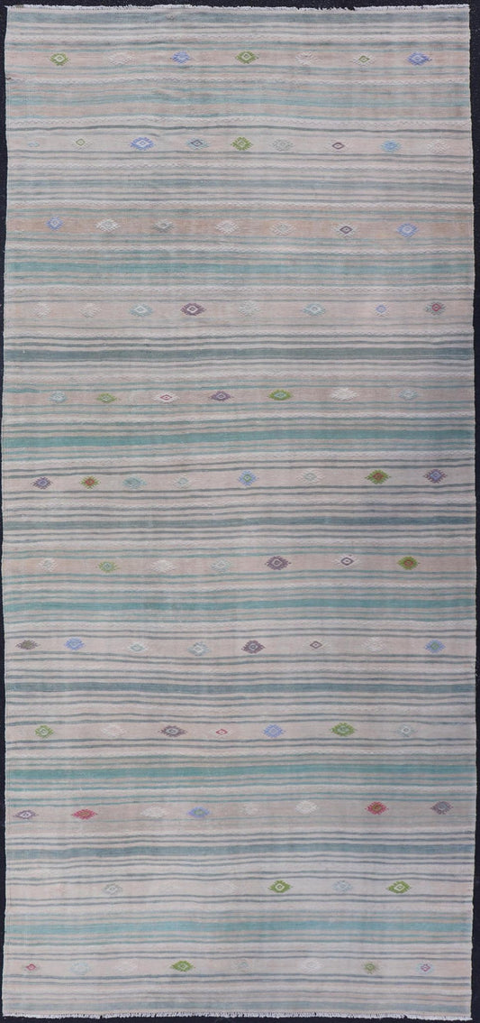 Vintage Hand - Woven Turkish Kilim Gallery Rug in Wool with All - Over Stripe Design This flat - weave tribal Turkish kilim has been hand - woven in wool. The rug features an all - over sub - geometric striped design, and is rendered in multicolor; making ... - Keivan Woven ArtsEN - 13980 - 19502