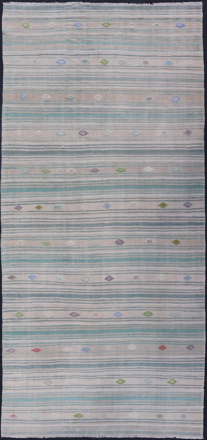 Vintage Hand - Woven Turkish Kilim Gallery Rug in Wool with All - Over Stripe Design This flat - weave tribal Turkish kilim has been hand - woven in wool. The rug features an all - over sub - geometric striped design, and is rendered in multicolor; making ... - Keivan Woven ArtsEN - 13980 - 19502Rug