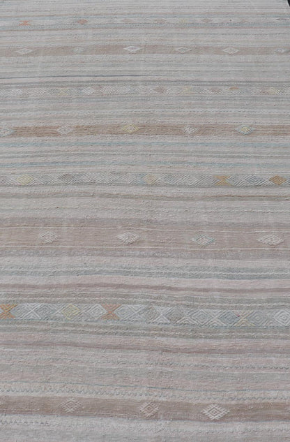 Turkish Flat - Weave Kilim with Embroideries in Taupe, Tan, Light Green, and Gray Vintage flat - weave Kilim with embroideries in tan, light green, and gray with a modern design geometric stripe design Vintage Kilim from Turkey, Keivan Woven Arts... - Keivan Woven ArtsEN - 13981 - 18872Rug