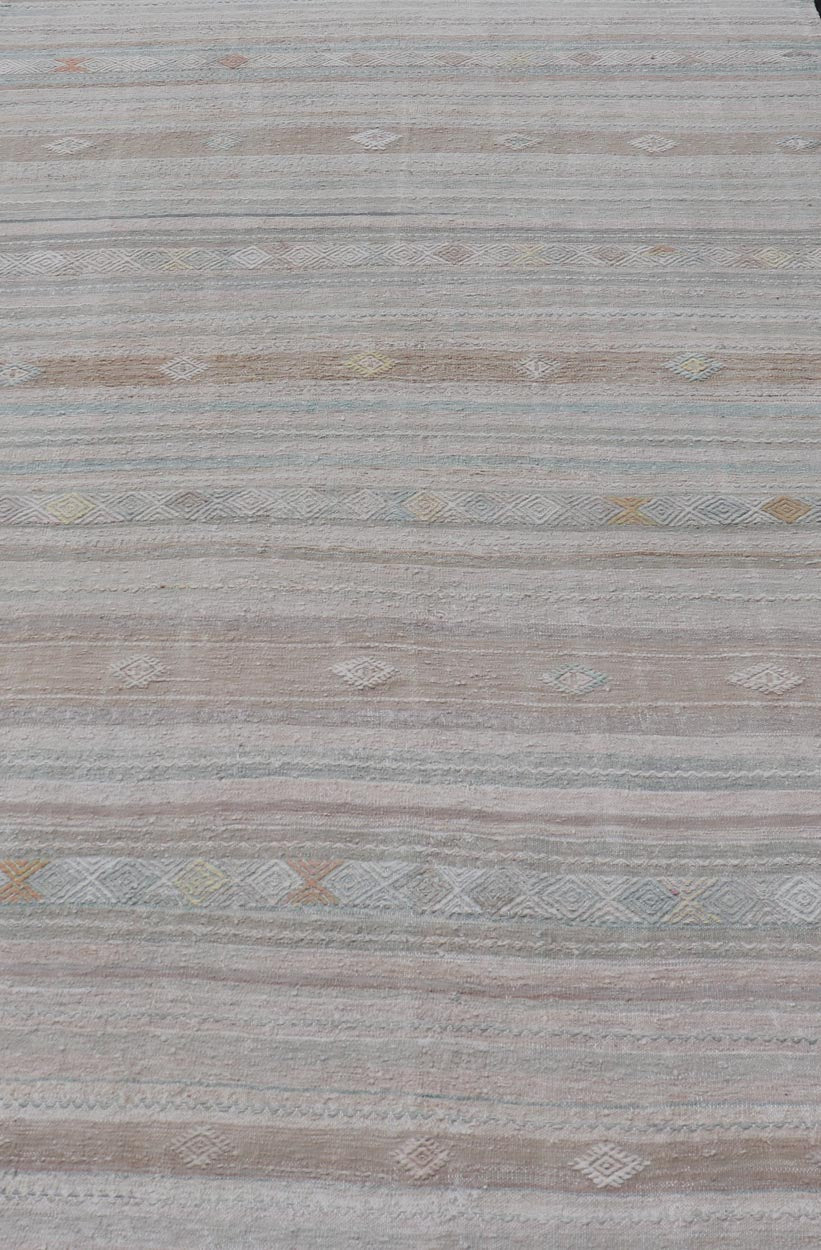 Turkish Flat - Weave Kilim with Embroideries in Taupe, Tan, Light Green, and Gray Vintage flat - weave Kilim with embroideries in tan, light green, and gray with a modern design geometric stripe design Vintage Kilim from Turkey, Keivan Woven Arts... - Keivan Woven ArtsEN - 13981 - 18872