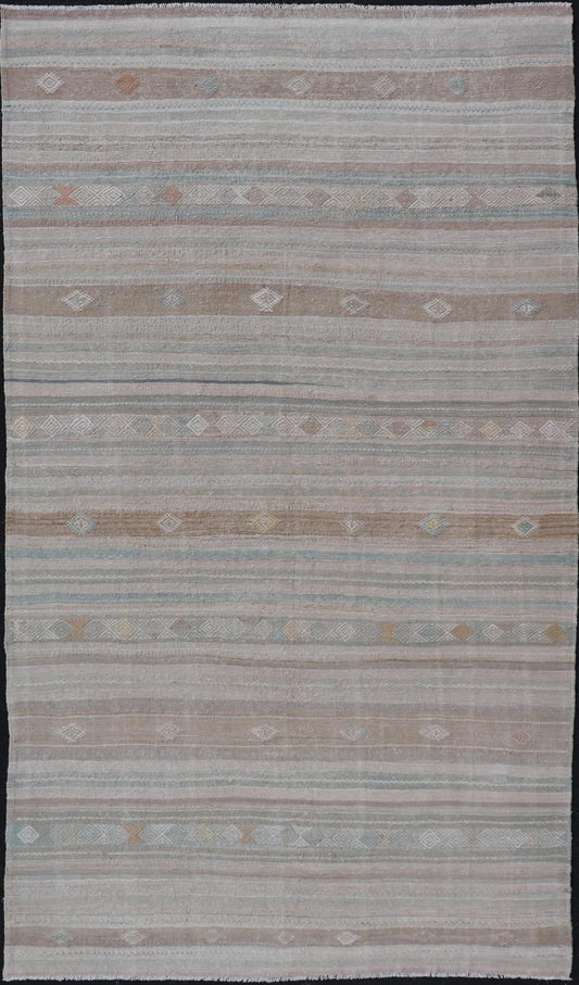 Turkish Flat - Weave Kilim with Embroideries in Taupe, Tan, Light Green, and Gray Vintage flat - weave Kilim with embroideries in tan, light green, and gray with a modern design geometric stripe design Vintage Kilim from Turkey, Keivan Woven Arts... - Keivan Woven ArtsEN - 13981 - 18872