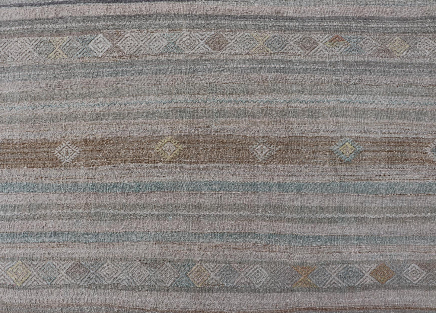 Turkish Flat - Weave Kilim with Embroideries in Taupe, Tan, Light Green, and Gray Vintage flat - weave Kilim with embroideries in tan, light green, and gray with a modern design geometric stripe design Vintage Kilim from Turkey, Keivan Woven Arts... - Keivan Woven ArtsEN - 13981 - 18872