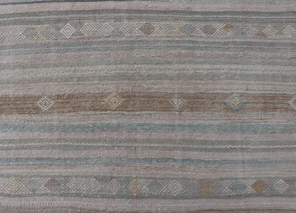 Turkish Flat - Weave Kilim with Embroideries in Taupe, Tan, Light Green, and Gray Vintage flat - weave Kilim with embroideries in tan, light green, and gray with a modern design geometric stripe design Vintage Kilim from Turkey, Keivan Woven Arts... - Keivan Woven ArtsEN - 13981 - 18872