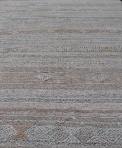 Turkish Flat - Weave Kilim with Embroideries in Taupe, Tan, Light Green, and Gray Vintage flat - weave Kilim with embroideries in tan, light green, and gray with a modern design geometric stripe design Vintage Kilim from Turkey, Keivan Woven Arts... - Keivan Woven ArtsEN - 13981 - 18872Rug