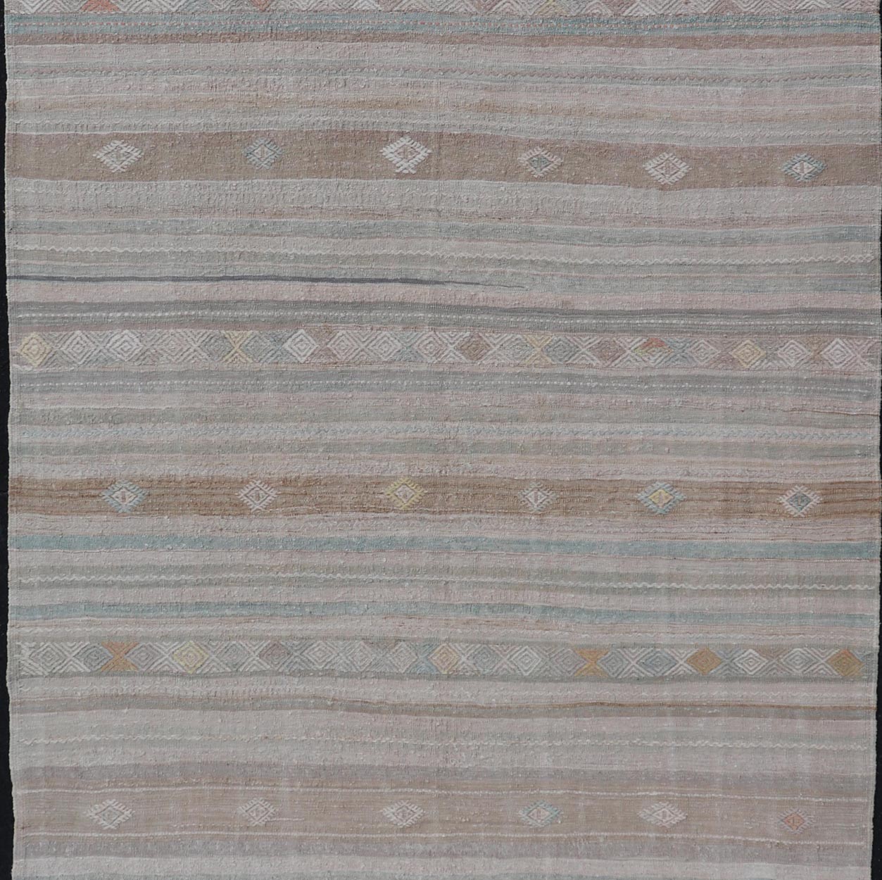 Turkish Flat - Weave Kilim with Embroideries in Taupe, Tan, Light Green, and Gray Vintage flat - weave Kilim with embroideries in tan, light green, and gray with a modern design geometric stripe design Vintage Kilim from Turkey, Keivan Woven Arts... - Keivan Woven ArtsEN - 13981 - 18872