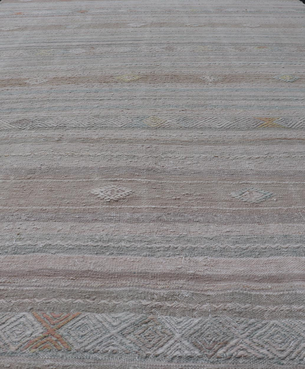 Turkish Flat - Weave Kilim with Embroideries in Taupe, Tan, Light Green, and Gray Vintage flat - weave Kilim with embroideries in tan, light green, and gray with a modern design geometric stripe design Vintage Kilim from Turkey, Keivan Woven Arts... - Keivan Woven ArtsEN - 13981 - 18872