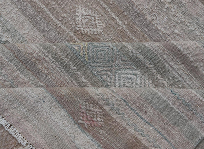 Turkish Flat - Weave Kilim with Embroideries in Taupe, Tan, Light Green, and Gray Vintage flat - weave Kilim with embroideries in tan, light green, and gray with a modern design geometric stripe design Vintage Kilim from Turkey, Keivan Woven Arts... - Keivan Woven ArtsEN - 13981 - 18872