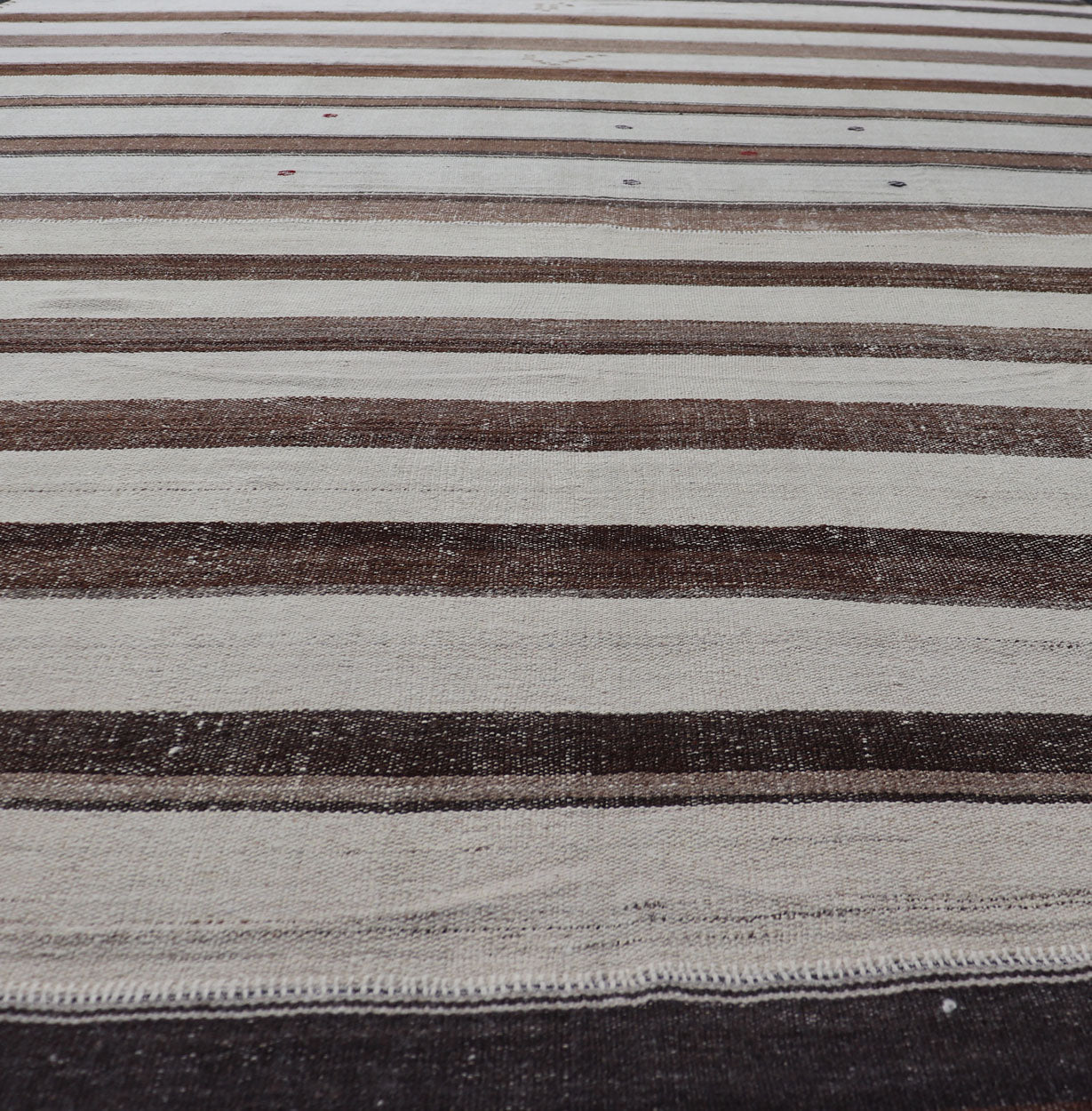 Measures:10'2 x 15'9 Vintage Turkish Hand Woven Kilim with Stripes in Ivory, Mocha, and Brown. Keivan Woven Arts / rug EN - 13994, country of origin / type: Turkey / Kilim, circa Mid - 20th Century. This flat - woven Kilim rug from Turkey features ... - Keivan Woven ArtsEN - 13994 - 22710Rug