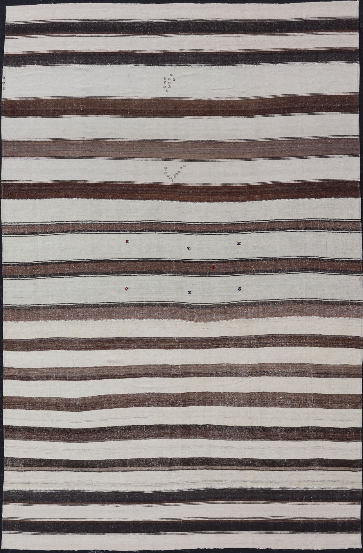 Measures:10'2 x 15'9 Vintage Turkish Hand Woven Kilim with Stripes in Ivory, Mocha, and Brown. Keivan Woven Arts / rug EN - 13994, country of origin / type: Turkey / Kilim, circa Mid - 20th Century. This flat - woven Kilim rug from Turkey features ... - Keivan Woven ArtsEN - 13994 - 22710Rug