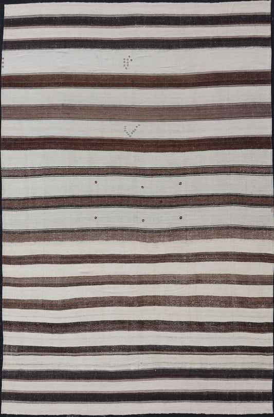 Measures:10'2 x 15'9 Vintage Turkish Hand Woven Kilim with Stripes in Ivory, Mocha, and Brown. Keivan Woven Arts / rug EN - 13994, country of origin / type: Turkey / Kilim, circa Mid - 20th Century. This flat - woven Kilim rug from Turkey features ... - Keivan Woven ArtsEN - 13994 - 22710Rug